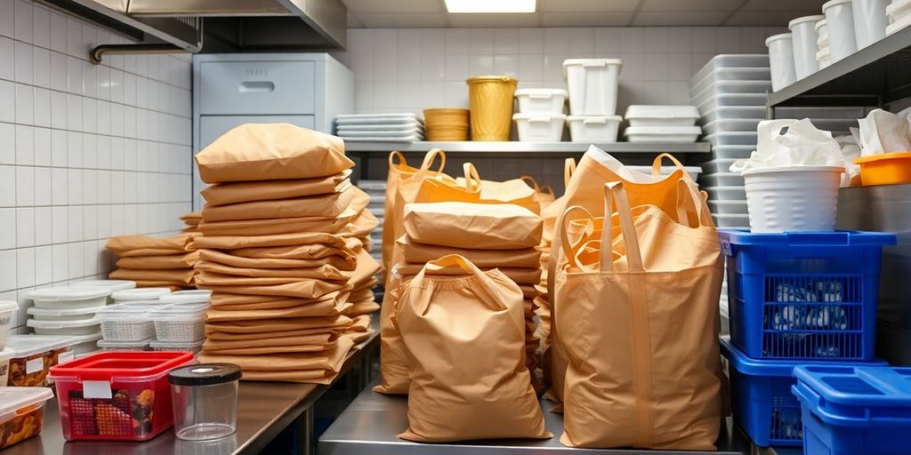 Delivery bags stacked neatly in a modern kitchen.