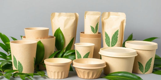Various biodegradable packaging items arranged attractively.