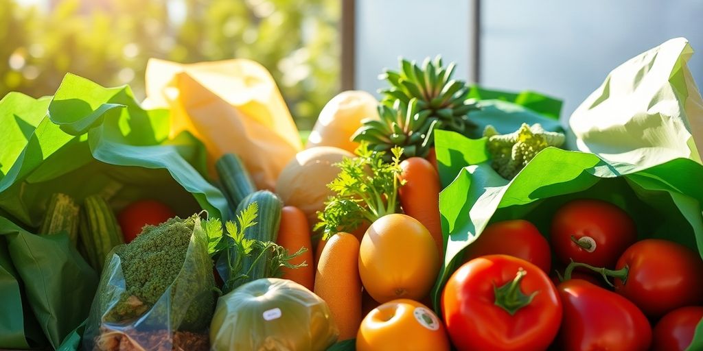 Fresh produce in eco-friendly packaging at a market.