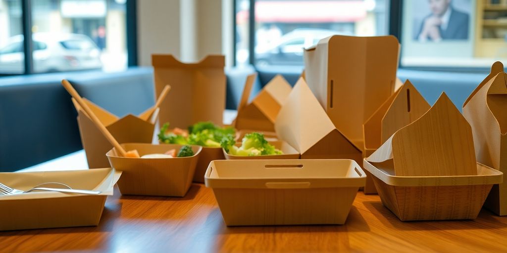 London restaurant table with compostable food containers.