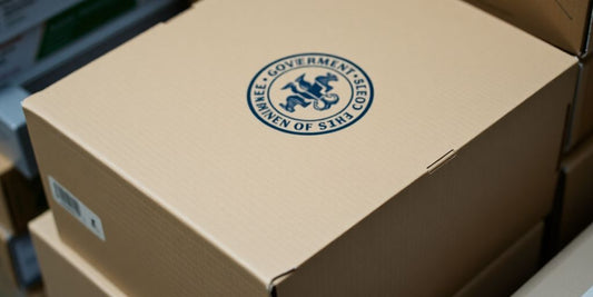 Cardboard boxes with new regulations stamped on them.