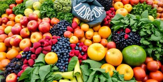Fresh fruit and vegetables overflowing from reusable produce bags.