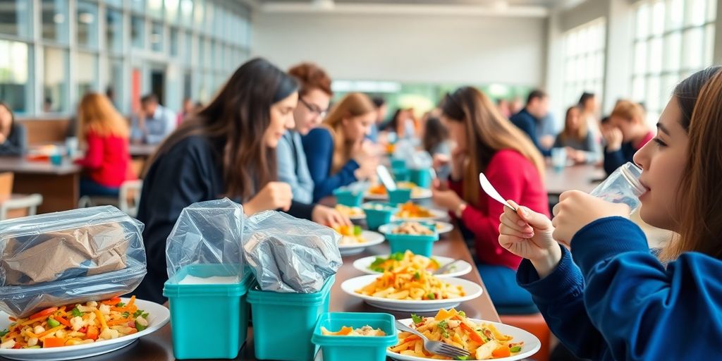 University canteen with reusable takeaway containers.