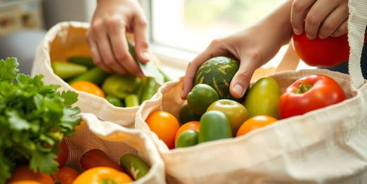 Reusable shopping bags filled with fresh produce.