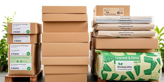 Sustainable packaging materials stacked neatly.