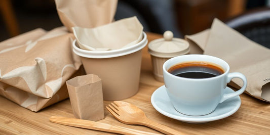 Café table with compostable food packaging and fresh coffee.