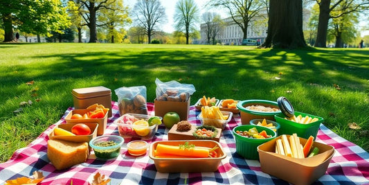 Colourful picnic spread with compostable containers in a park.