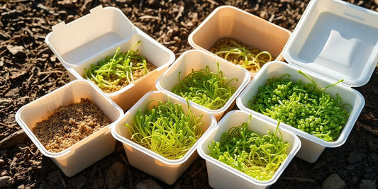 Green food containers and plant sprouts.