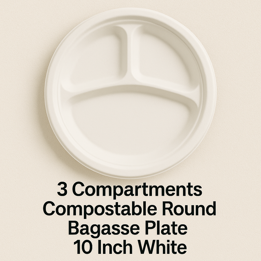3 Compartments Compostable Round Bagasse Plate 10 Inch White