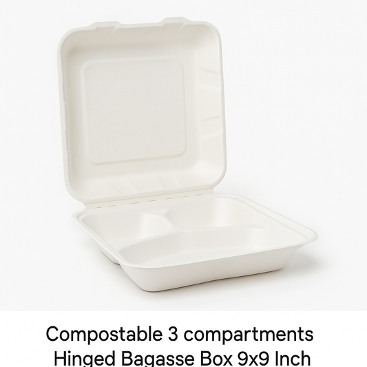 Compostable 3 compartments Hinged Bagasse Box 9x9 Inch