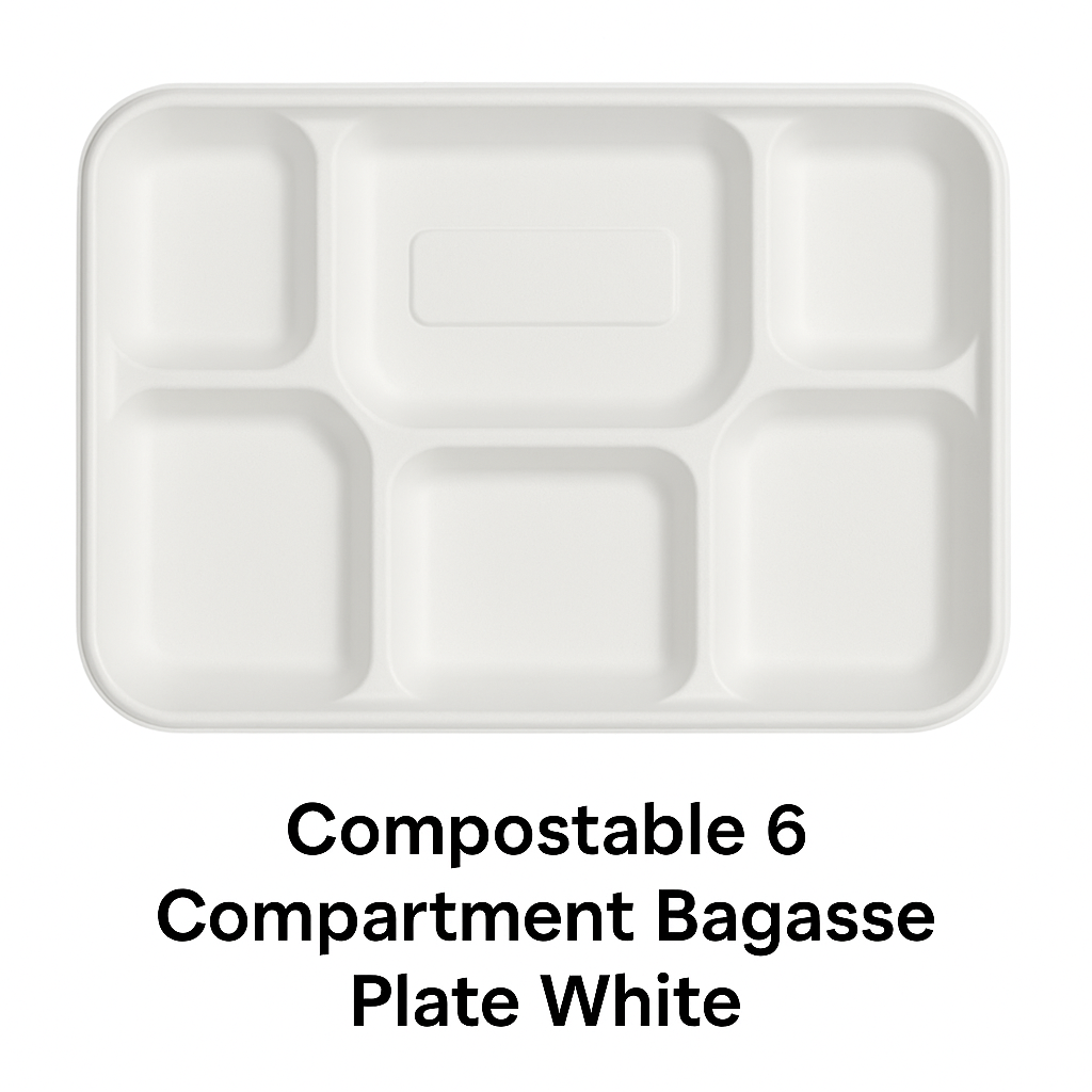 Compostable 6 compartment Bagasse Plate White