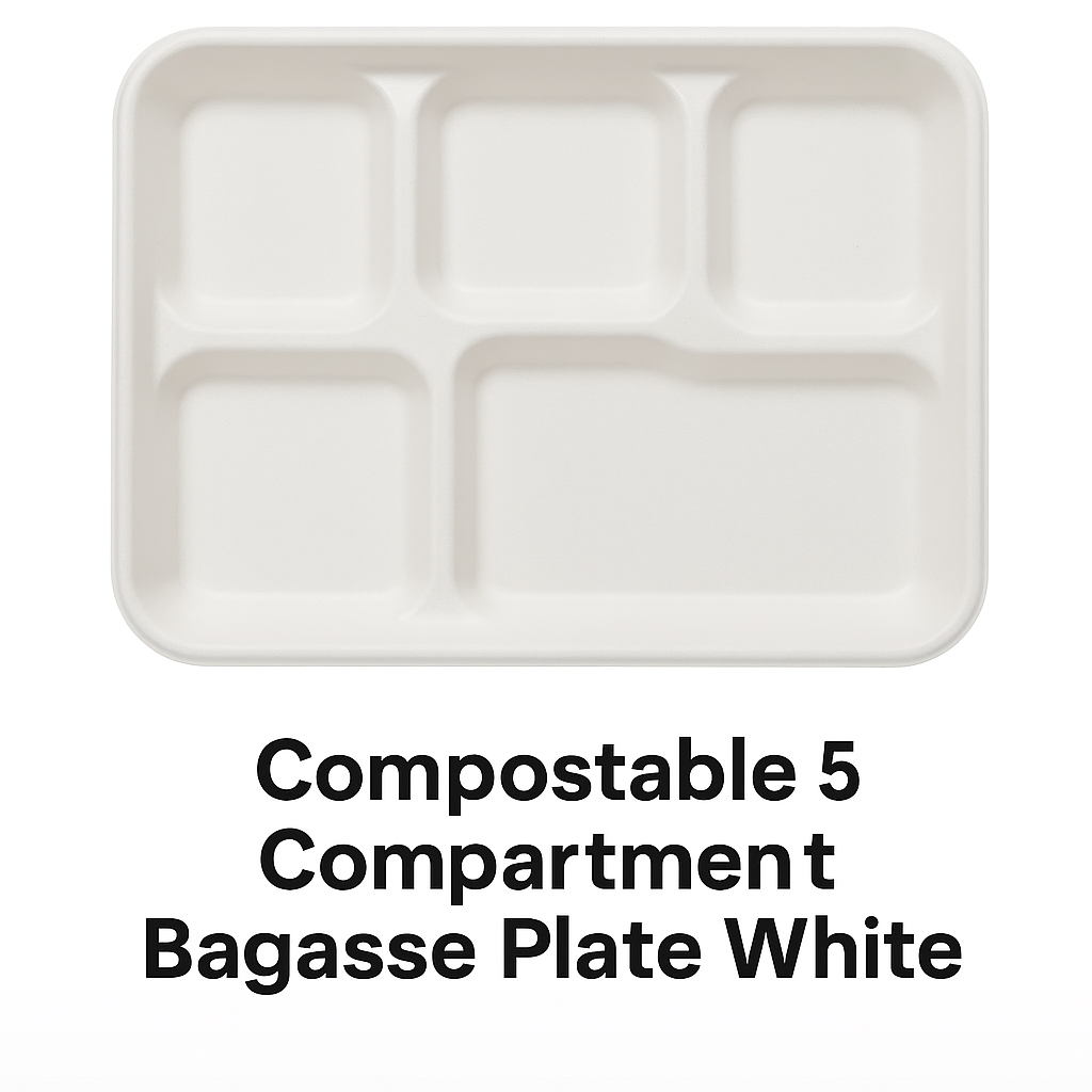 Compostable 5 section compartment Bagasse Plate White