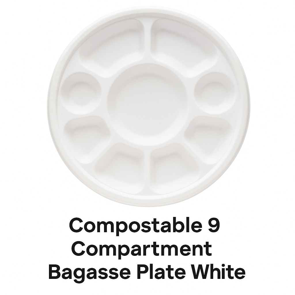 Compostable 9 compartment Bagasse Plate White