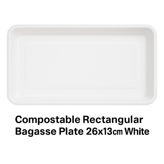 Compostable Rectangular Bagasse Plate 26x13cm White