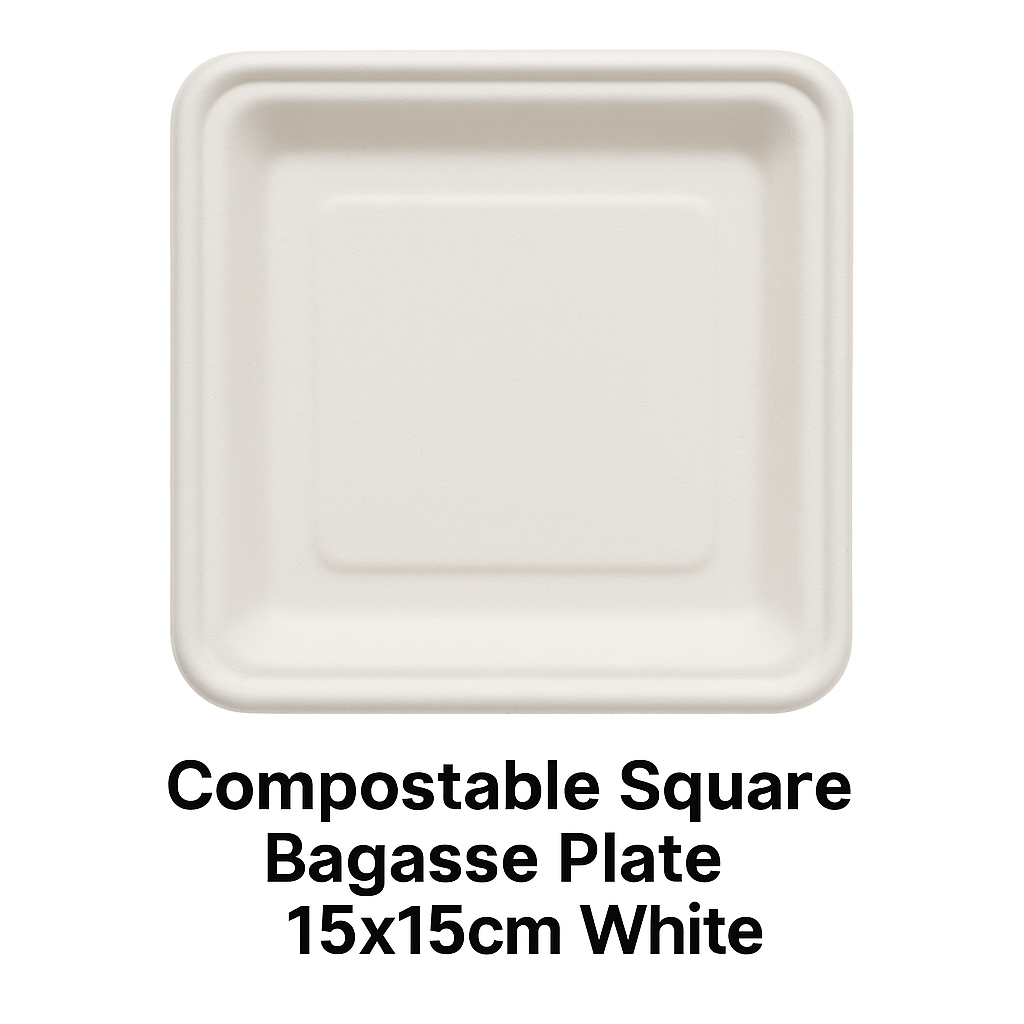 Compostable Square Bagasse Plate 15x15cm White