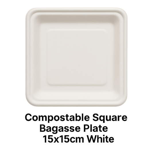 Compostable Square Bagasse Plate 15x15cm White