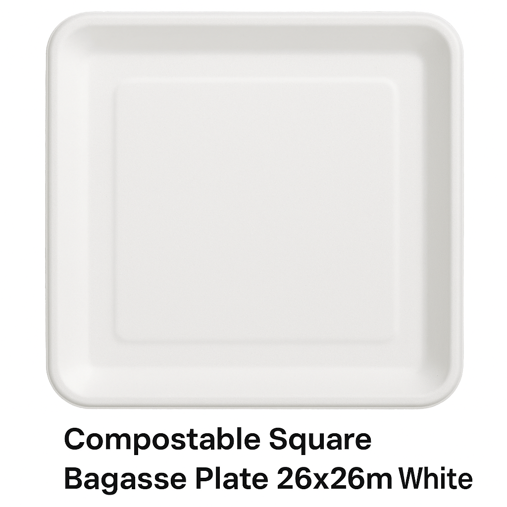 Compostable Square Bagasse Plate 26x26cm White