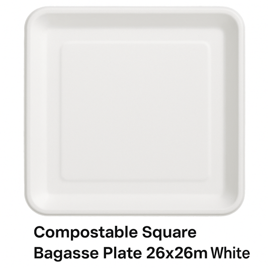 Compostable Square Bagasse Plate 20x20cm White