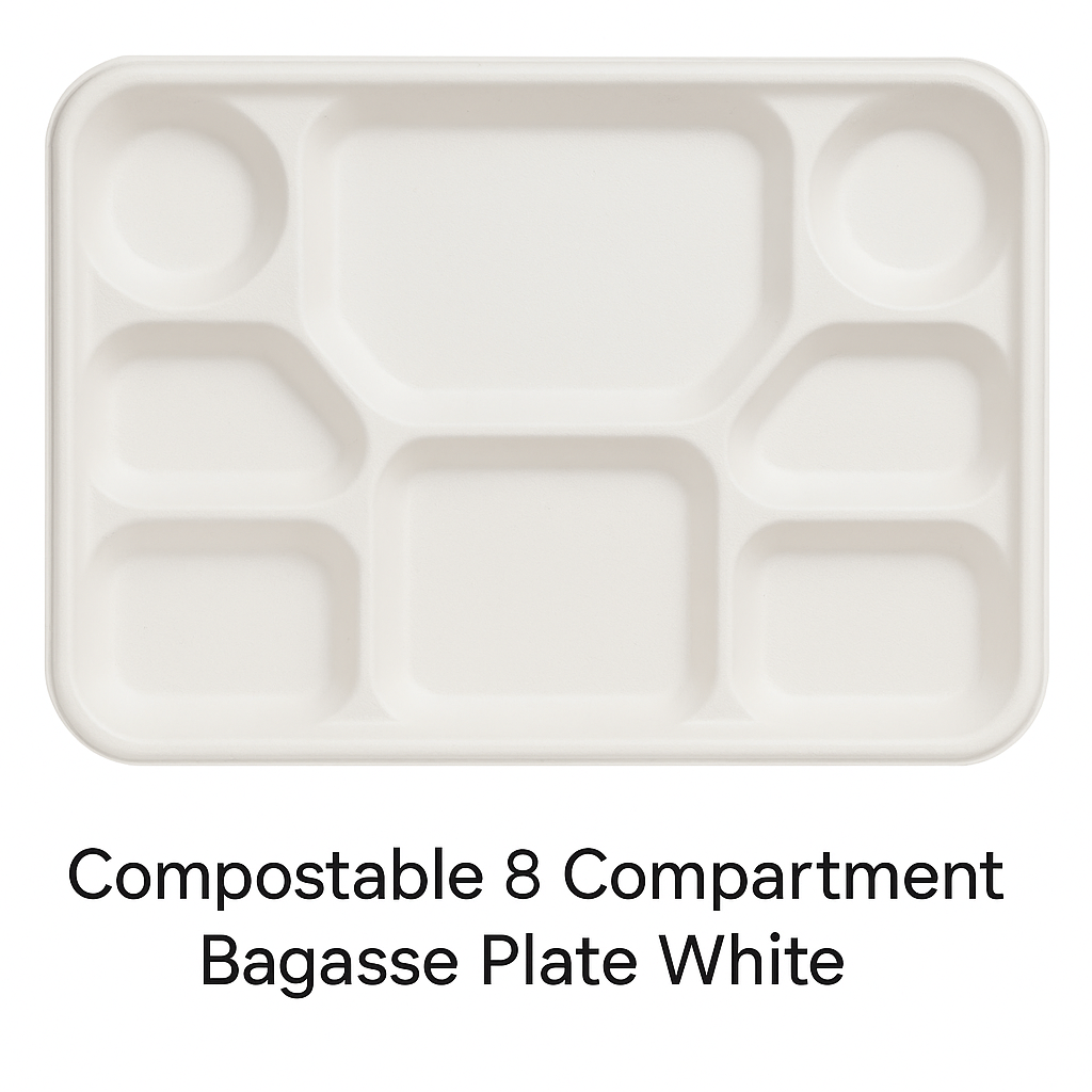 Compostable 8 compartment Bagasse Plate White
