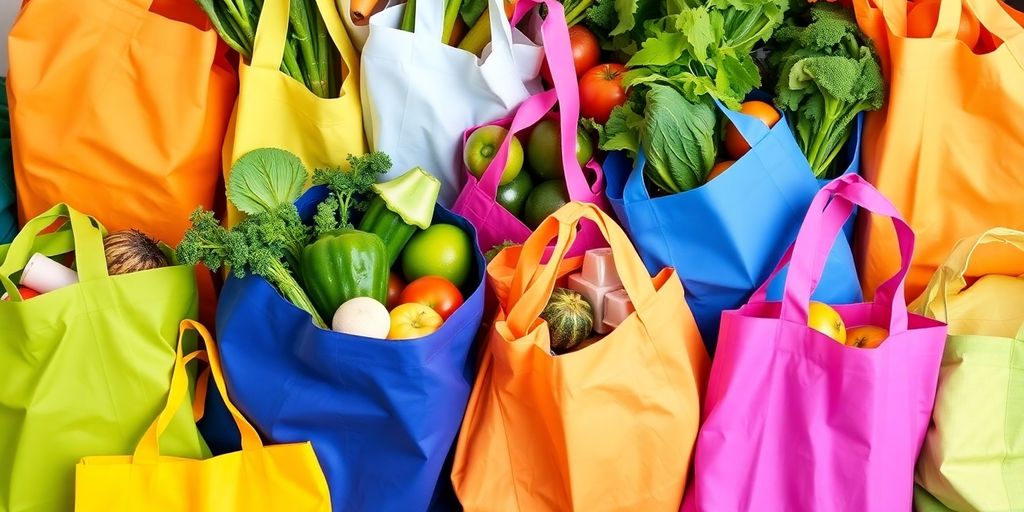 Reusable shopping bags overflowing with groceries.