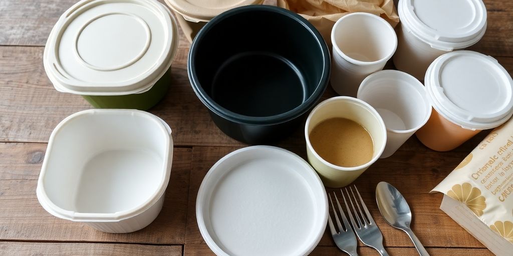Compostable food containers and cutlery on a wooden table.