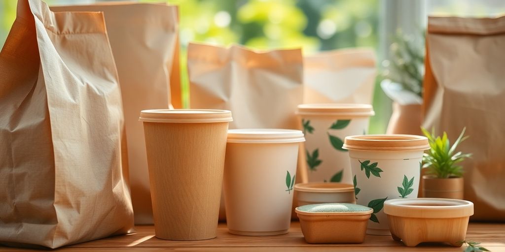 Sustainable coffee cups and compostable food containers.
