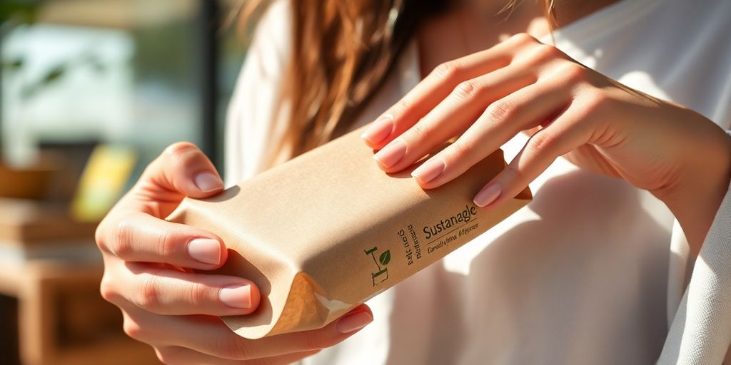 Recyclable packaging held by customer hands.