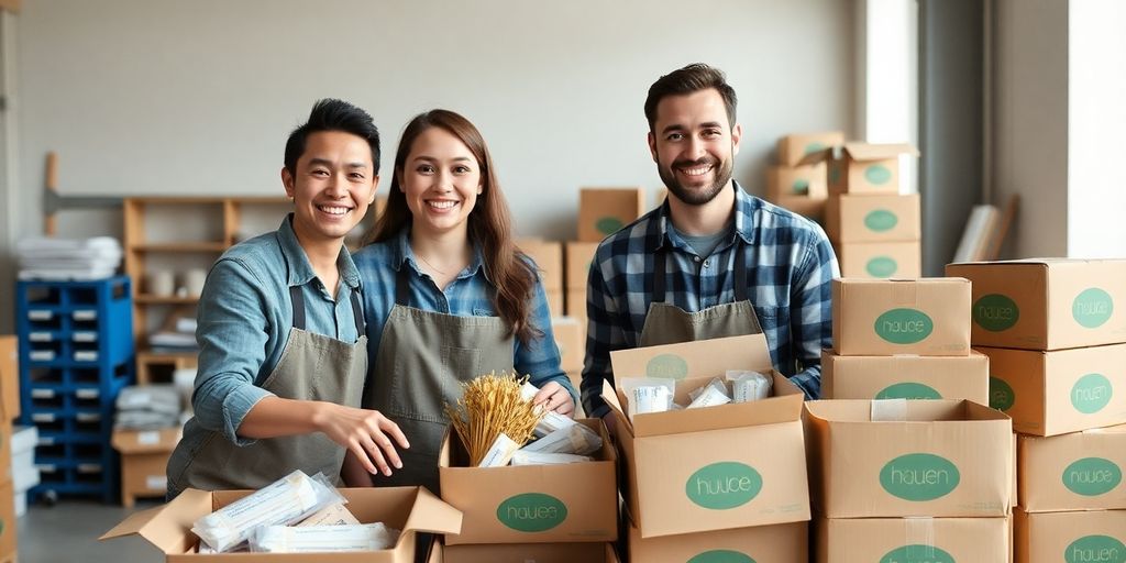 Family packing eco-friendly products in a workshop.