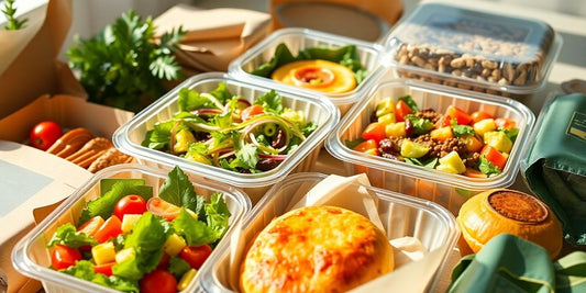 Biodegradable containers holding colourful vegan food.