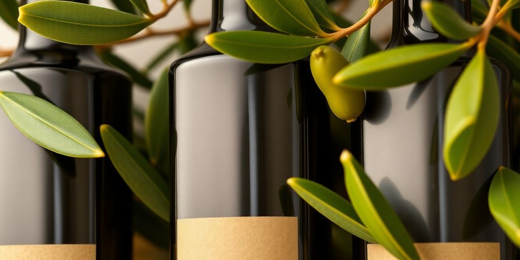 Olive oil bottles with eco-friendly packaging.
