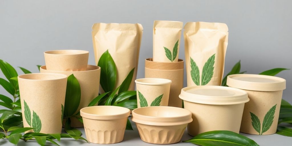 Various biodegradable packaging items arranged attractively.