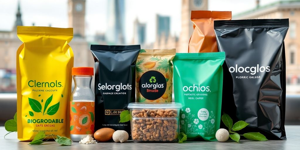 Sustainable packaging materials arranged in a London setting.
