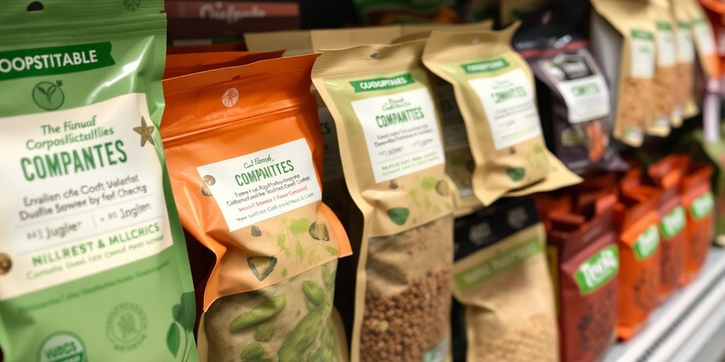 Compostable snack packaging on a store shelf.