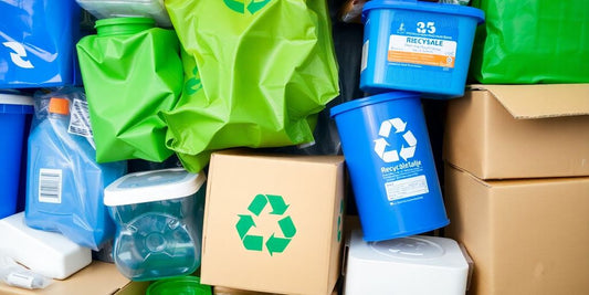 Cardboard boxes and plastic packaging materials piled up.