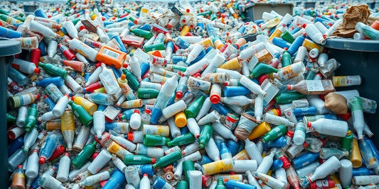 Overflowing landfill with plastic bottles and packaging.