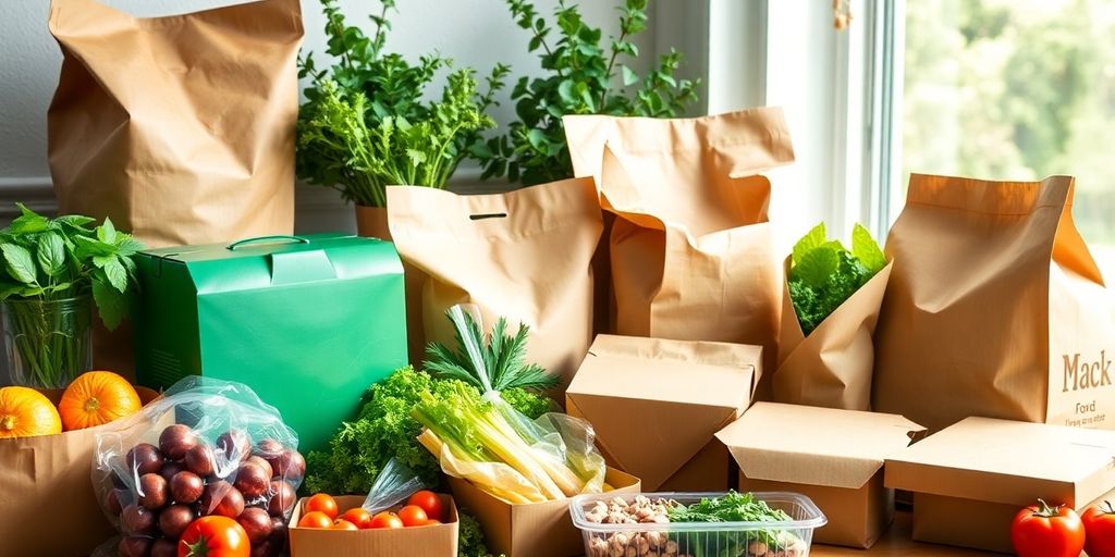 Eco-friendly food packaging arranged neatly.