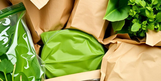 Green packaging materials stacked neatly.