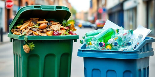Green compost bin next to blue recycling bin.