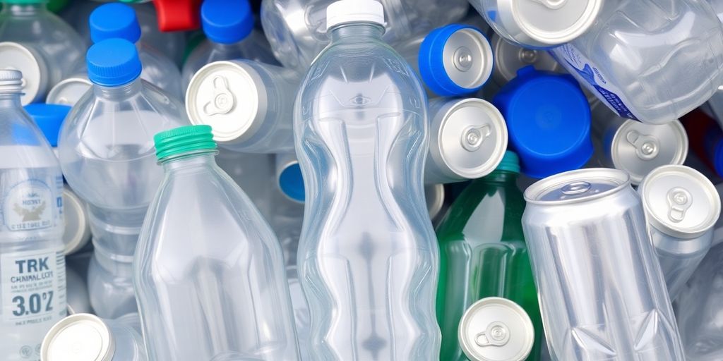 Plastic bottles and aluminium cans arranged for recycling.