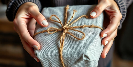 Hands wrapping a gift in fabric.