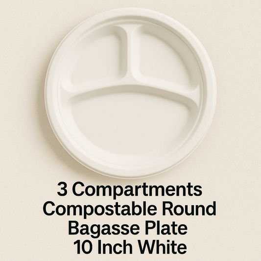 3 Compartments Compostable Round Bagasse Plate 10 Inch White