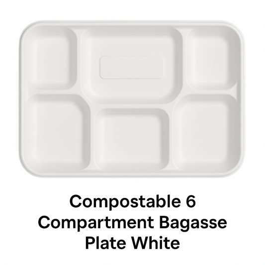 Compostable 6 compartment Bagasse Plate White