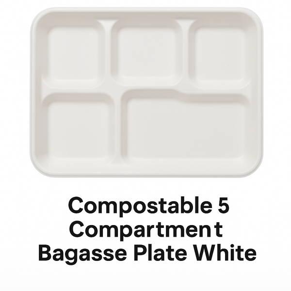 Compostable 5 section compartment Bagasse Plate White