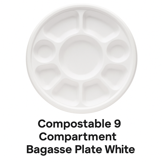 Compostable 9 compartment Bagasse Plate White