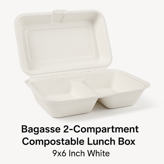 Bagasse 2 compartment Compostable Lunch Box 9x6 Inch White