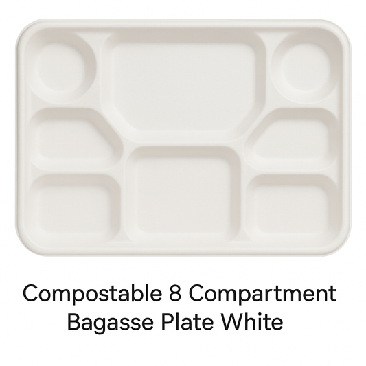 Compostable 8 compartment Bagasse Plate White