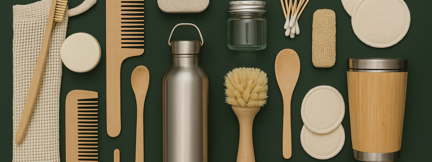Collection of reusable products including a water bottle, cups, and brushes on a green background